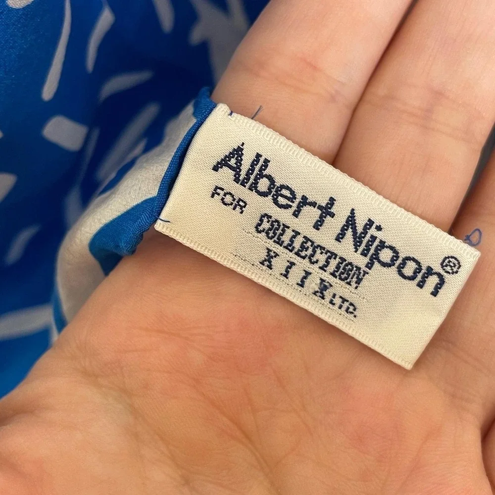 Vintage Albert Nipon Silk Scarf Women Blue White Geometric Dotted Print 80s